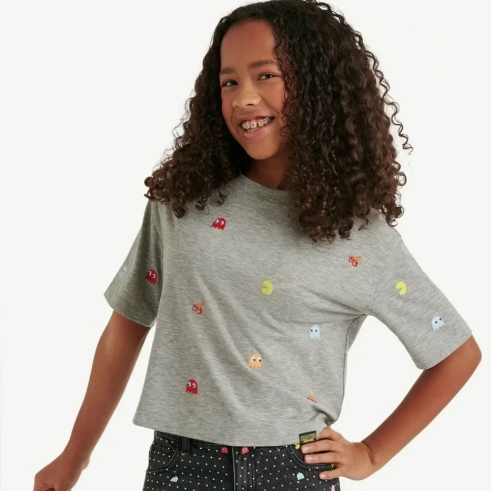 Justice Gray Graphic Tee with‎ PAC-MAN Icons! NWT! Size M!